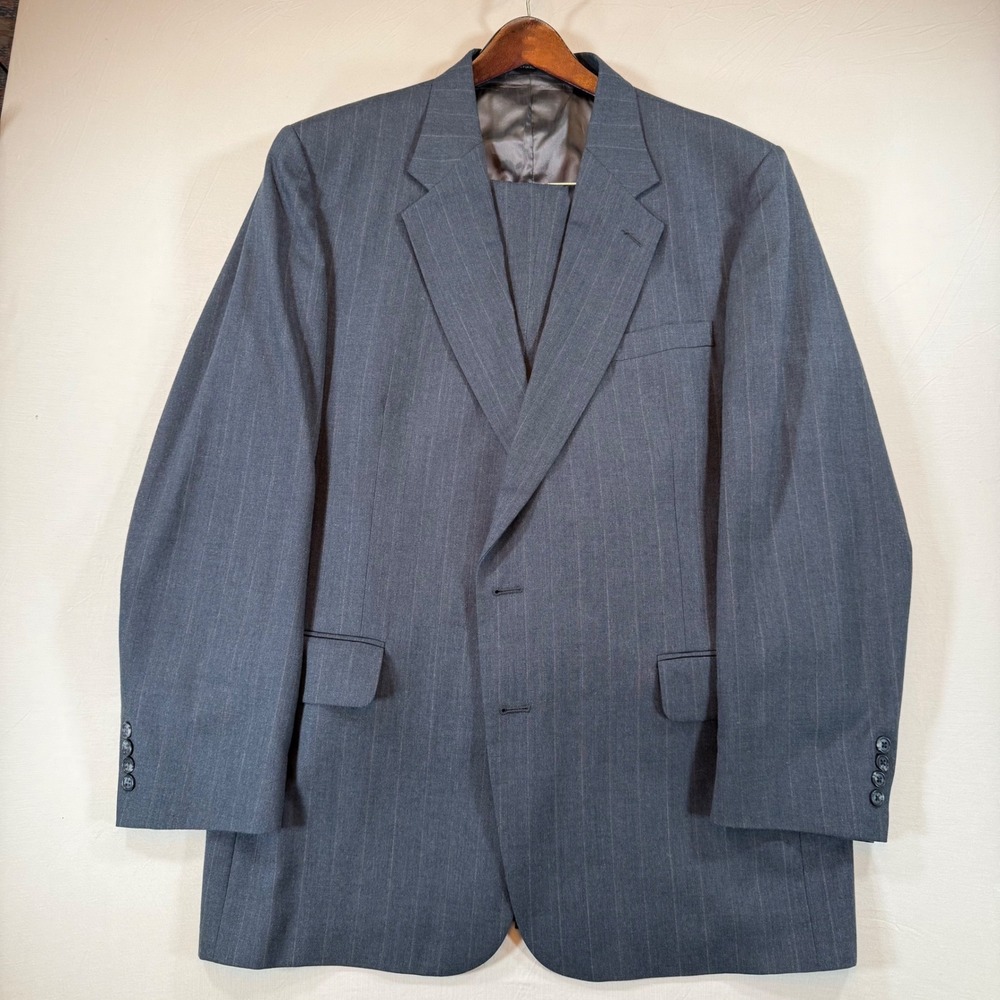 Stafford Mens 46L Suit Charcoal Gray Pinstripe Worsted Wool 2 Button Made in USA
